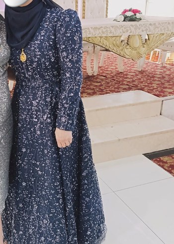 Uzun Kollu lacivert Desenli Kadın Abiye Elbise - Görsel 3