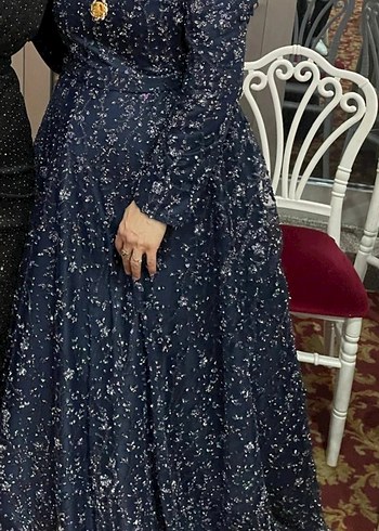 Uzun Kollu lacivert Desenli Kadın Abiye Elbise - Görsel 4