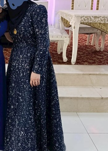 Uzun Kollu lacivert Desenli Kadın Abiye Elbise - Görsel 7