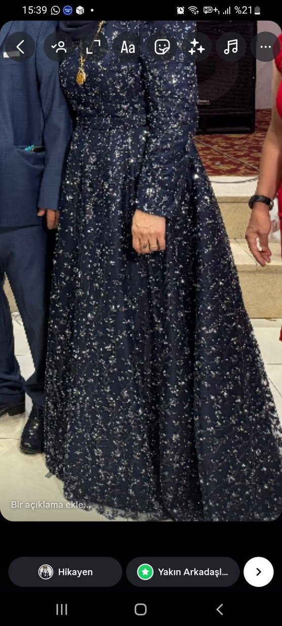 Uzun Kollu lacivert Desenli Kadın Abiye Elbise - Görsel 5