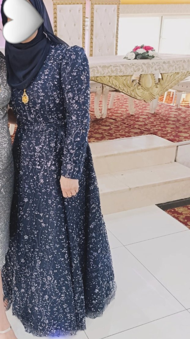 Uzun Kollu lacivert Desenli Kadın Abiye Elbise - Görsel 3