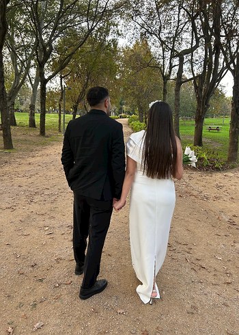 Beyaz Drapeli Uzun Tek Kol Söz Nişan Nikah  Elbisesi - Görsel 8