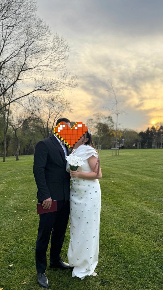 Beyaz Drapeli Uzun Tek Kol Söz Nişan Nikah  Elbisesi - Görsel 2