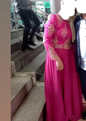 Pembe İşlemeli Uzun Kollu Abiye Elbise - Görsel 3