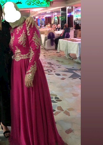 Pembe İşlemeli Uzun Kollu Abiye Elbise - Görsel 2