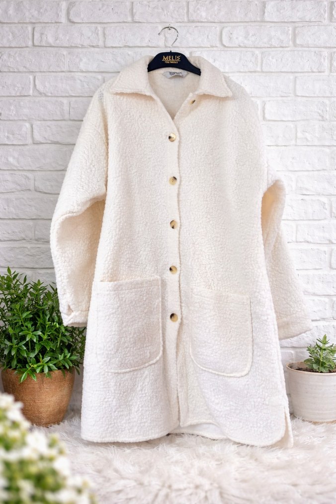 Düğmeli Beyaz Kadın Midi Kışlık Kaban - Görsel 4