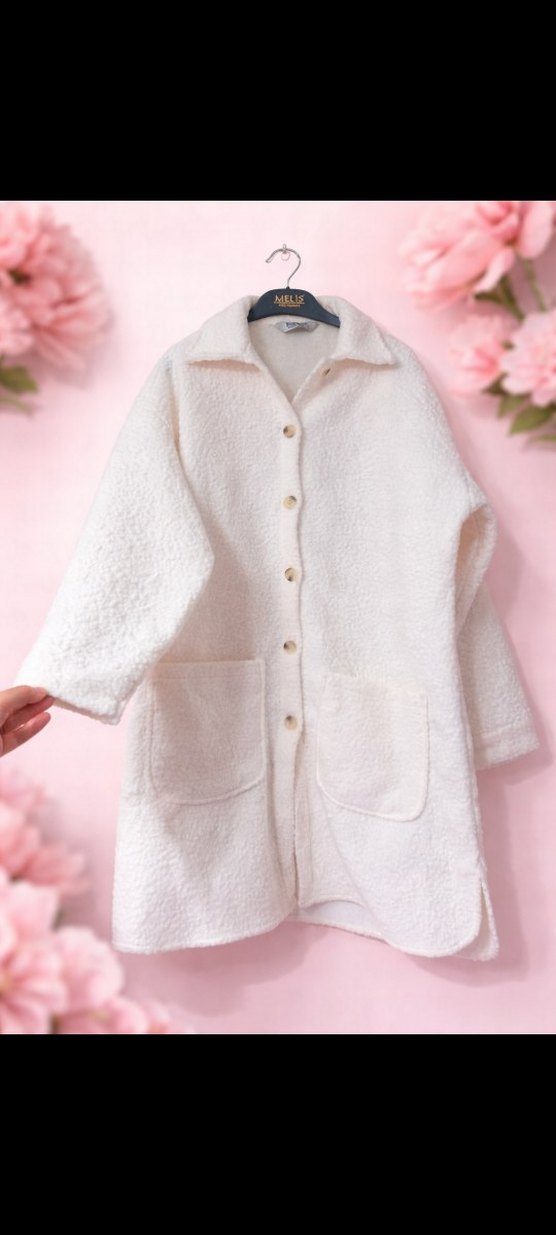 Düğmeli Beyaz Kadın Midi Kışlık Kaban - Görsel 2
