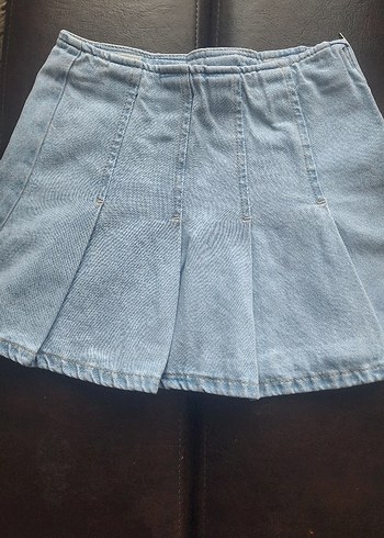 8 Yaş Beden Kız çocuk Mavi Denim Pilili Midi Etek