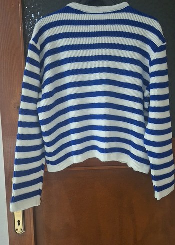 Mavi Beyaz Çizgili Örgü Kadın Hırka - Görsel 5