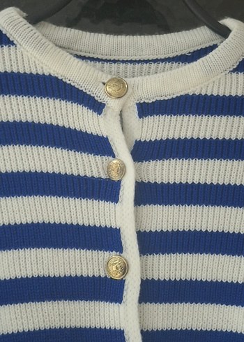 Mavi Beyaz Çizgili Örgü Kadın Hırka - Görsel 4