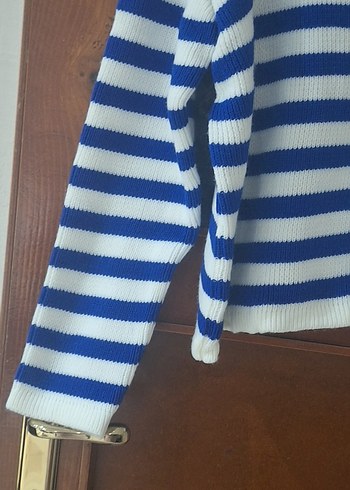 Mavi Beyaz Çizgili Örgü Kadın Hırka - Görsel 3