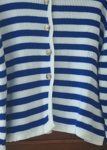 Mavi Beyaz Çizgili Örgü Kadın Hırka - Görsel 2