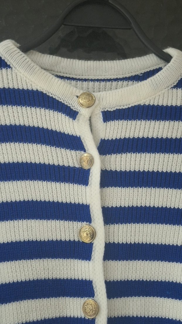 Mavi Beyaz Çizgili Örgü Kadın Hırka - Görsel 4