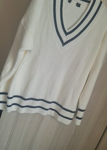 V Yaka Lacivert Çizgili krem  Triko Kazak - Görsel 2