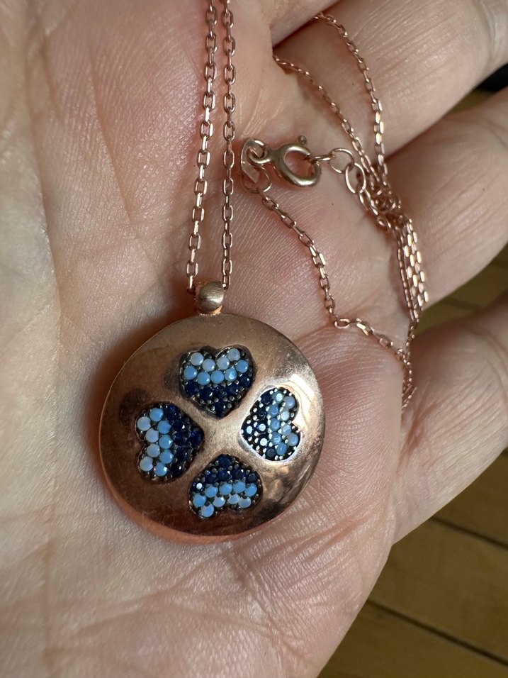 925 ayar gümüş, rose kaplama, Safir ve turkuaz taşlı yonca kolye - Görsel 3