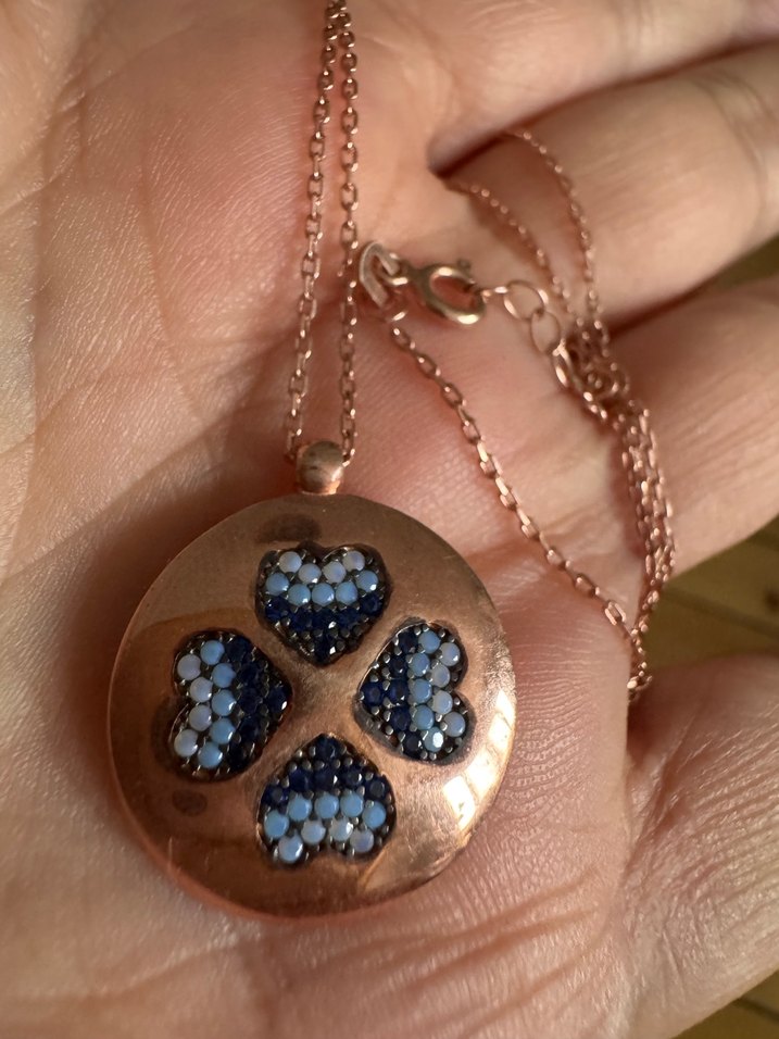 925 ayar gümüş, rose kaplama, Safir ve turkuaz taşlı yonca kolye - Görsel 2