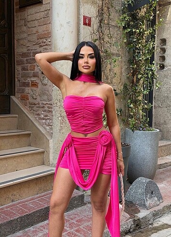 Diğer Gül Detaylı Neon Pembe Alt-Üst Takım