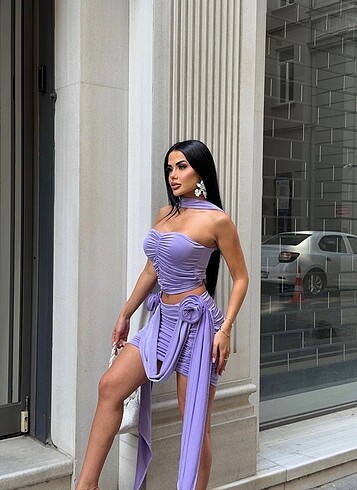 s Beden mor Renk Gül Detaylı Lila Alt-Üst Takım