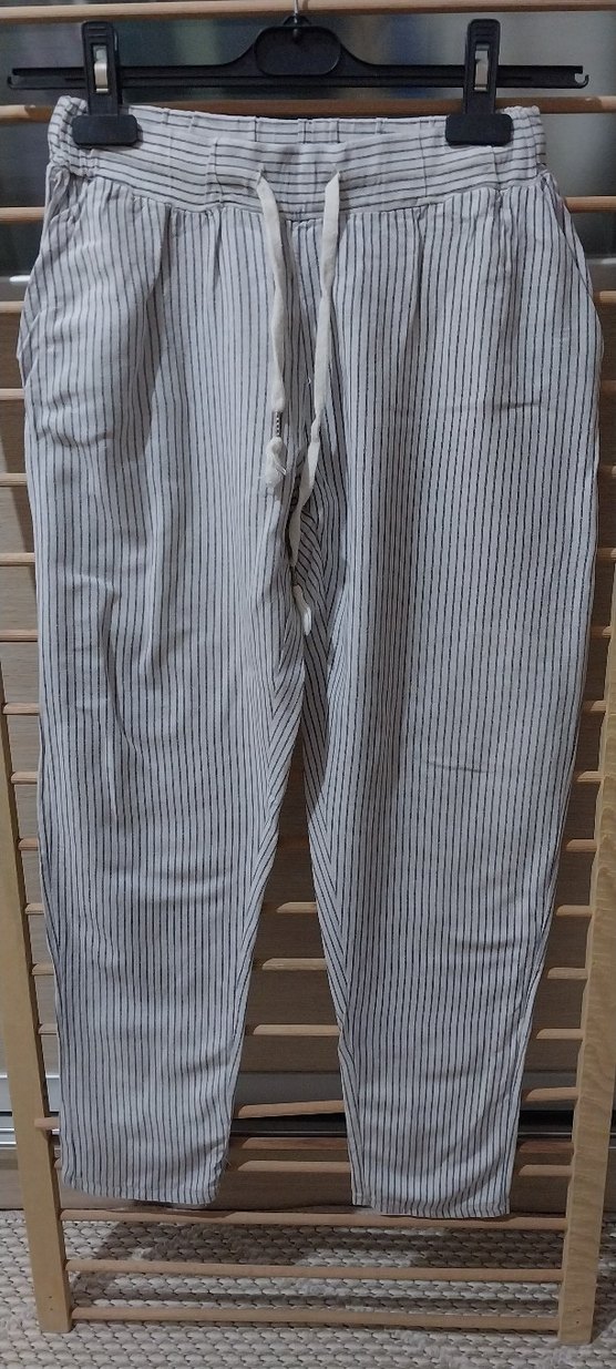 Gri Çizgili Kadın Pamuklu Kumaş Pantolon - Görsel 2