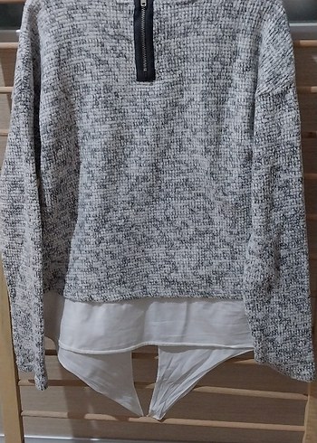 Gri cocul Triko Uzun Kollu Sweatshirt - Görsel 2