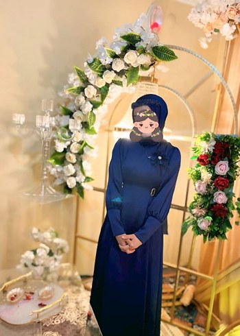 Lacivert Uzun Kollu Drape Detaylı Tesettür Elbise