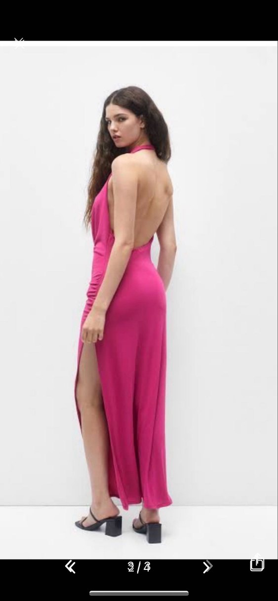 Pembe Drapeli Uzun V Yakalı Elbise - Görsel 2