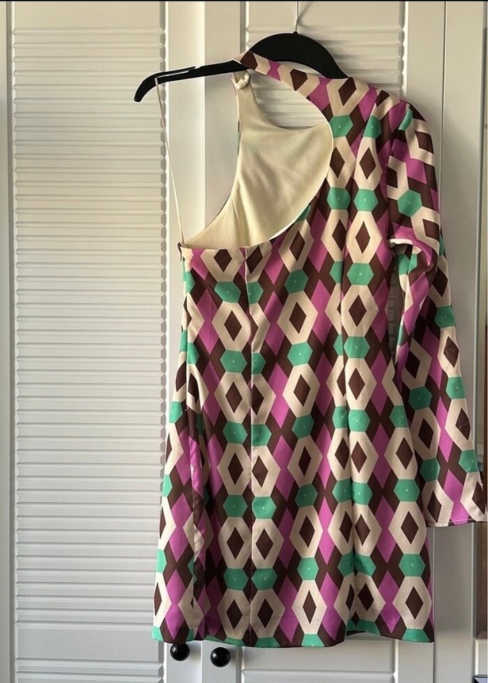 Bohem Mini Elbise, Yüksek Yaka, saten kumaş - Görsel 4