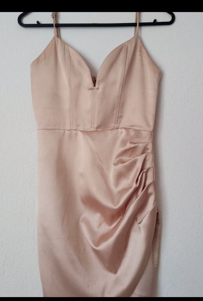 Bej Drapeli saten Mini Elbise - Görsel 4