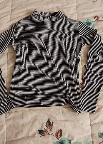 Çizgili Siyah Gri Boğazlı Kadın Kazak - Görsel 3