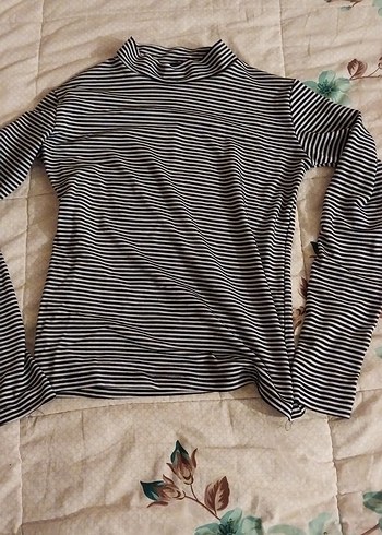 Çizgili Siyah Gri Boğazlı Kadın Kazak - Görsel 2