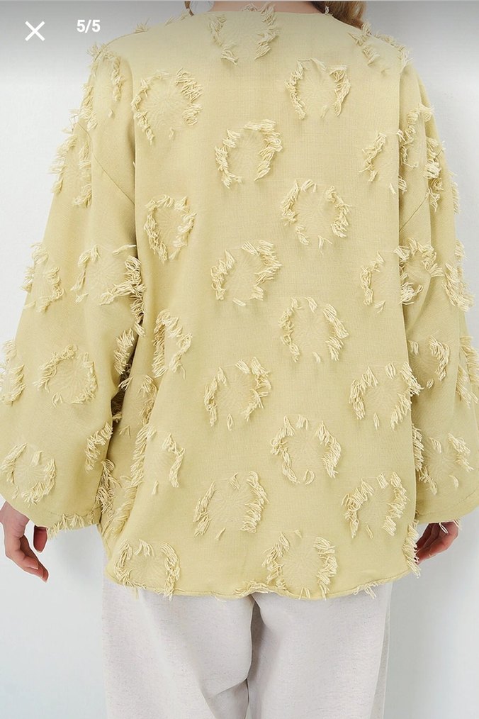 Düğmeli Bej Nakışlı Keten Bohem Kimono - Görsel 3