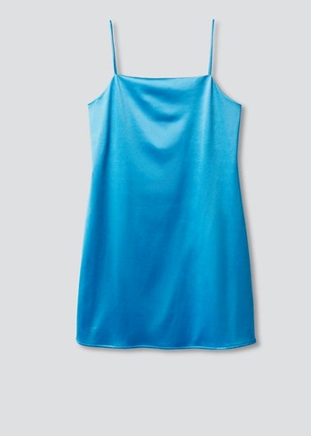 Mavi Parlak Saten Mini Elbise - Görsel 3