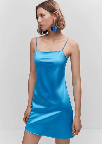 Mavi Parlak Saten Mini Elbise - Görsel 2