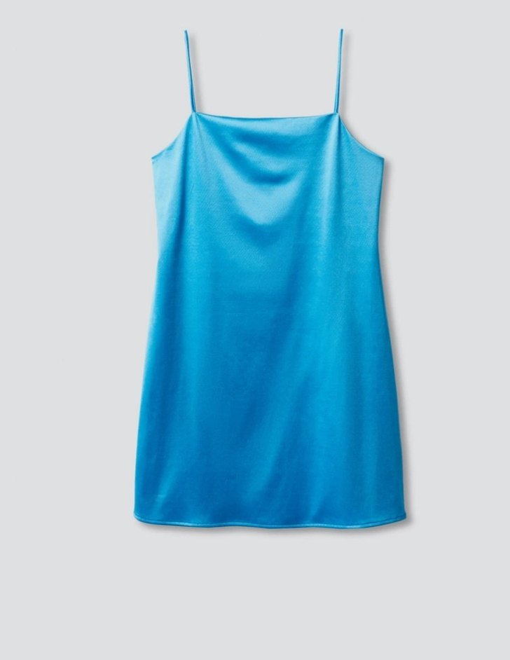 Mavi Parlak Saten Mini Elbise - Görsel 3