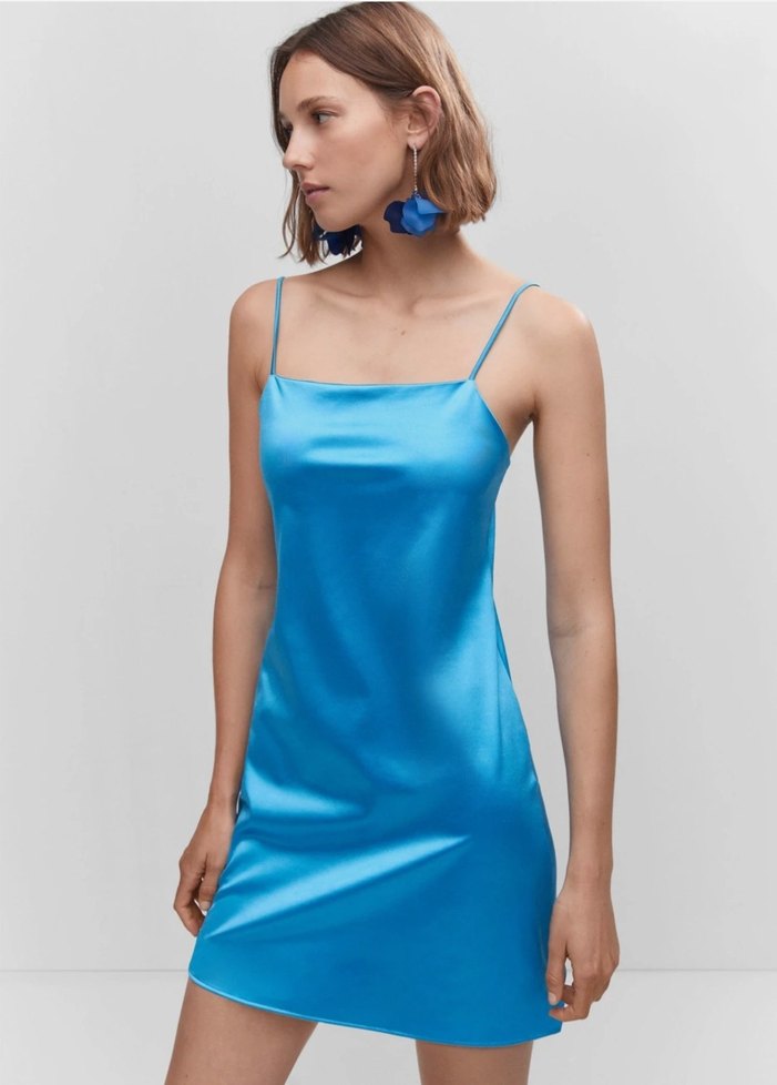 Mavi Parlak Saten Mini Elbise - Görsel 2