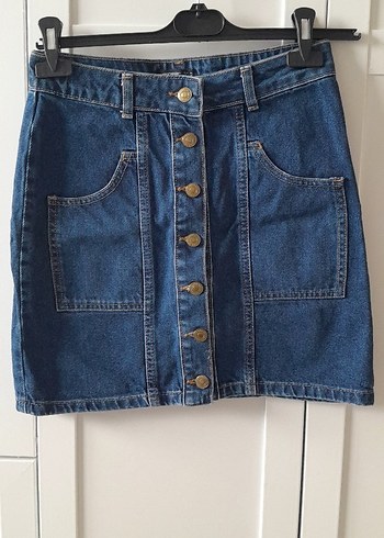 Düğmeli Mavi Denim Mini Etek