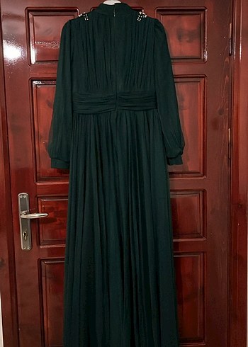 Uzun Koyu Yeşil Drapeli Bohem Elbise - Görsel 3