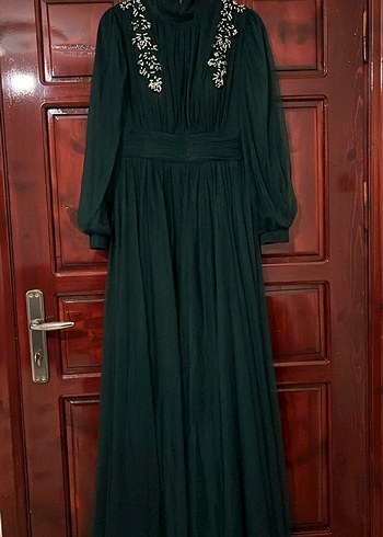 Uzun Koyu Yeşil Drapeli Bohem Elbise - Görsel 4