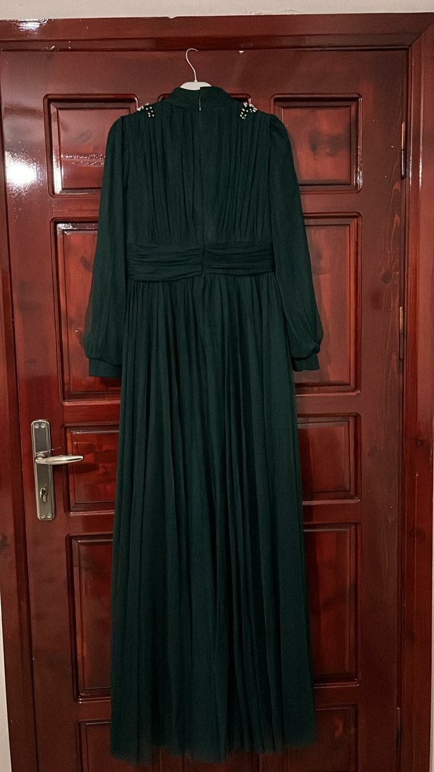 Uzun Koyu Yeşil Drapeli Bohem Elbise - Görsel 3
