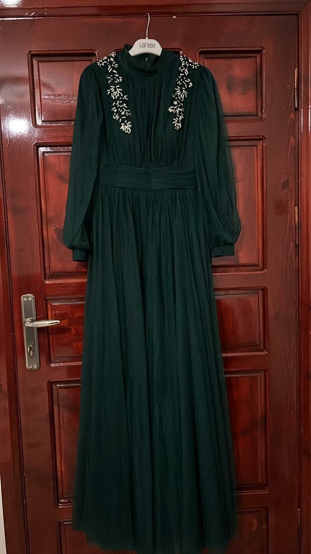 Uzun Koyu Yeşil Drapeli Bohem Elbise - Görsel 4