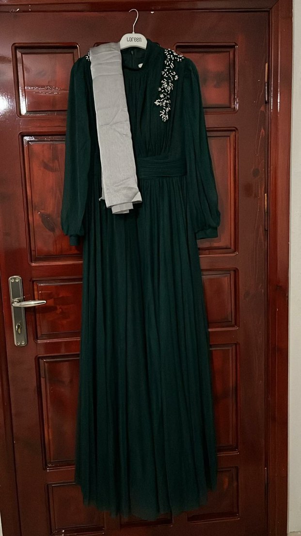 Uzun Koyu Yeşil Drapeli Bohem Elbise - Görsel 2