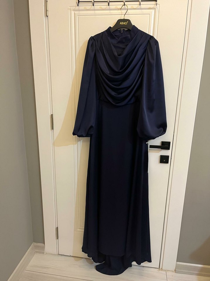 Uzun Kol Drapeli Lacivert Kadın Elbise nişan ve söz elbisesi - Görsel 2