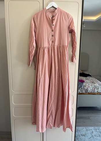 Uzun Düğmeli Pembe Keten Bohem Elbise