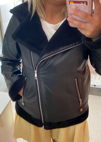 Kürk Detaylı Siyah Deri Biker Ceket - Görsel 6