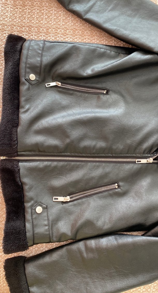 Kürk Detaylı Siyah Deri Biker Ceket - Görsel 4