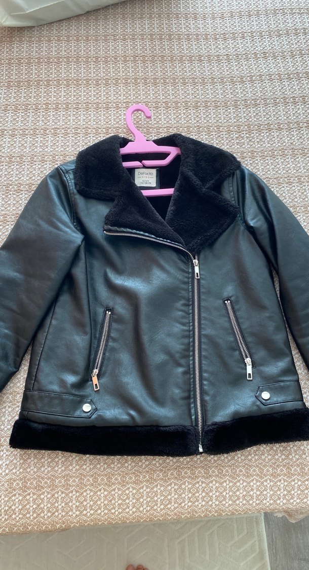 Kürk Detaylı Siyah Deri Biker Ceket - Görsel 2