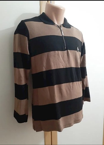 Uzun Kollu Kahverengi Siyah Çizgili Polo Sweatshirt - Görsel 8