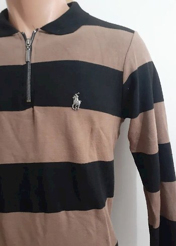 Uzun Kollu Kahverengi Siyah Çizgili Polo Sweatshirt - Görsel 4