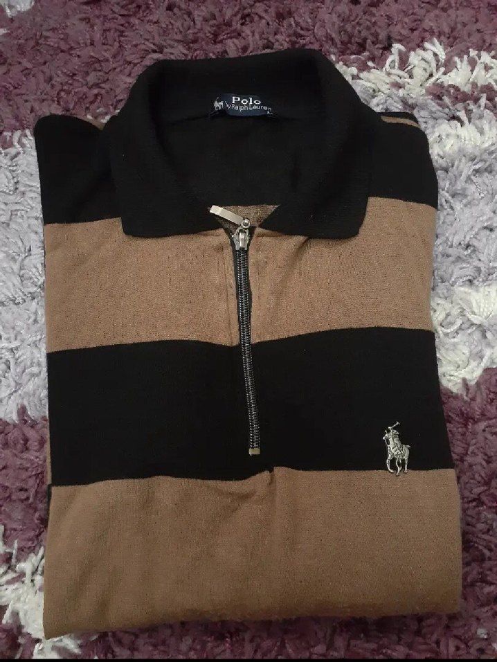 Uzun Kollu Kahverengi Siyah Çizgili Polo Sweatshirt - Görsel 2