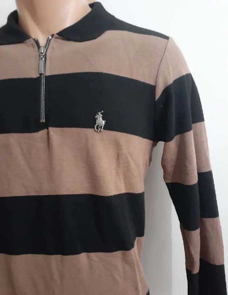 Uzun Kollu Kahverengi Siyah Çizgili Polo Sweatshirt - Görsel 4